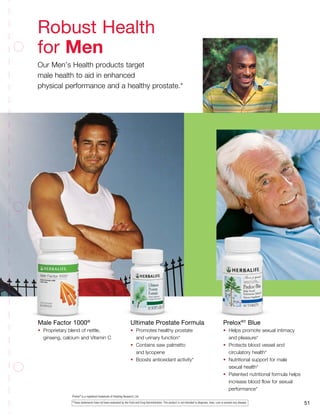 51
†
Prelox®
is a registered trademark of Horphag Research, Ltd.
Male Factor 1000®
•	 Proprietary blend of nettle, 		
	 ginseng, calcium and Vitamin C
Ultimate Prostate Formula
•	 Promotes healthy prostate
	 and urinary function*
•	 Contains saw palmetto
	 and lycopene
•	 Boosts antioxidant activity*
Prelox®†
Blue
•	 Helps promote sexual intimacy
	 and pleasure*
•	 Protects blood vessel and 		
	 circulatory health*
•	 Nutritional support for male
	 sexual health*
•	 Patented nutritional formula helps
	 increase blood flow for sexual
	performance*
Robust Health
for Men
Our Men’s Health products target
male health to aid in enhanced
physical performance and a healthy prostate.*
*These statements have not been evaluated by the Food and Drug Administration. This product is not intended to diagnose, treat, cure or prevent any disease.
 