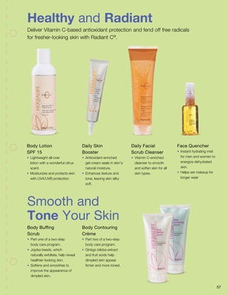 Healthy and Radiant
Smooth and
Tone Your Skin
Deliver Vitamin C-based antioxidant protection and fend off free radicals
for fresher-looking skin with Radiant C®
.
Body Buffing
Scrub
•	 Part one of a two-step
body care program.
•	 Jojoba beads, which
naturally exfoliate, help reveal
healthier-looking skin.
•	 Softens and smoothes to
improve the appearance of
dimpled skin.
Body Contouring
Crème
•	 Part two of a two-step
body care program.
•	 Ginkgo biloba extract
and fruit acids help
dimpled skin appear
firmer and more toned.
Body Lotion
SPF 15
•	 Lightweight all-over
lotion with a wonderful citrus
scent.
•	 Moisturizes and protects skin
with UVA/UVB protection.
Daily Skin
Booster
•	Antioxidant-enriched
gel-cream seals in skin’s
natural moisture.
•	 Enhances texture and
tone, leaving skin silky
soft.
Daily Facial
Scrub Cleanser
•	 Vitamin C-enriched
cleanser to smooth
and soften skin for all
skin types.
Face Quencher
•	 Instant hydrating mist
for men and women to
energize dehydrated
skin.
•	 Helps set makeup for
longer wear
57
 