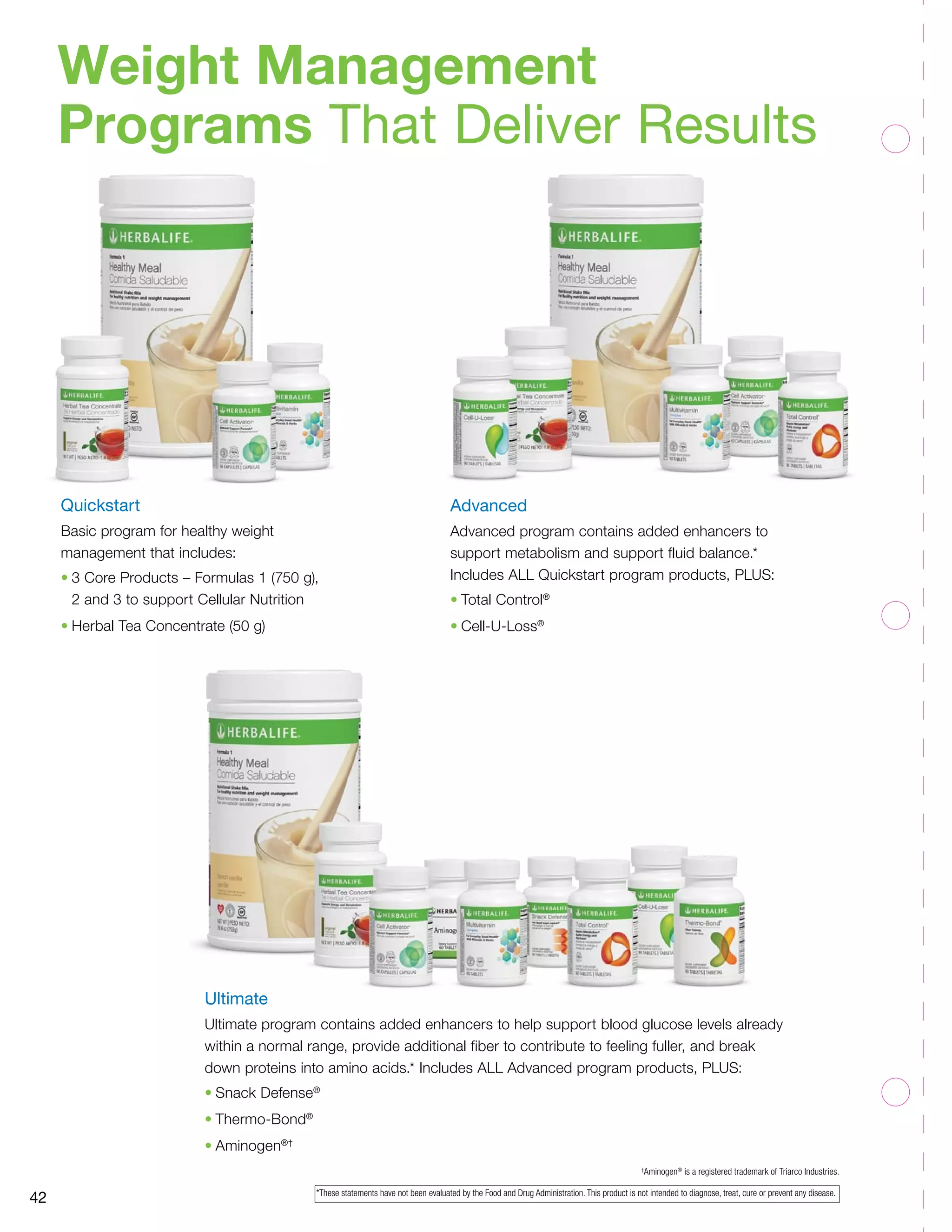 Weight Management 
Programs That Deliver Results 
†Aminogen® is a registered trademark of Triarco Industries. 
Quickstart 
Basic program for healthy weight 
management that includes: 
• 3 Core Products – Formulas 1 (750 g), 
2 and 3 to support Cellular Nutrition 
• Herbal Tea Concentrate (50 g) 
Advanced 
Advanced program contains added enhancers to 
support metabolism and support fluid balance.* 
Includes ALL Quickstart program products, PLUS: 
• Total Control® 
• Cell-U-Loss® 
Ultimate 
Ultimate program contains added enhancers to help support blood glucose levels already 
within a normal range, provide additional fiber to contribute to feeling fuller, and break 
down proteins into amino acids.* Includes ALL Advanced program products, PLUS: 
• Snack Defense® 
• Thermo-Bond® 
• Aminogen®† 
42 *These statements have not been evaluated by the Food and Drug Administration. This product is not intended to diagnose, treat, cure or prevent any disease. 
 