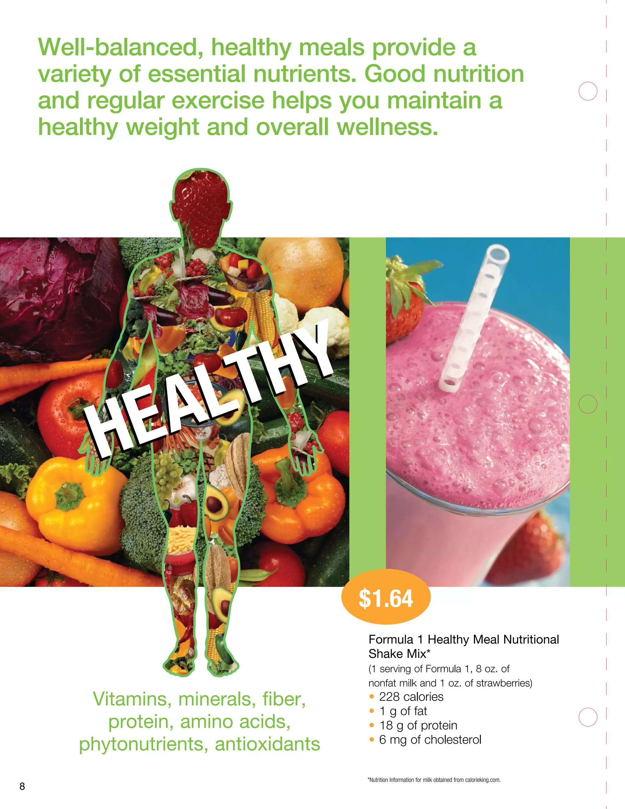 8 
Well-balanced, healthy meals provide a 
variety of essential nutrients. Good nutrition 
and regular exercise helps you maintain a 
healthy weight and overall wellness. 
Vitamins, minerals, fiber, 
protein, amino acids, 
phytonutrients, antioxidants 
$1.64 
HEALTHY 
Formula 1 Healthy Meal Nutritional 
Shake Mix* 
(1 serving of Formula 1, 8 oz. of 
nonfat milk and 1 oz. of strawberries) 
• 228 calories 
• 1 g of fat 
• 18 g of protein 
• 6 mg of cholesterol 
* Nutrition Information for milk obtained from calorieking.com. 
 