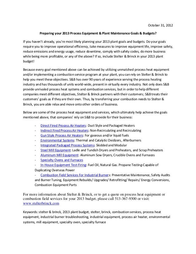 Preparing your 2013 Process Equipment & Plant Maintenance Goals & Budgets?