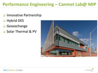 Performance Engineering – Canmet Lab@ MIP





Innovative Partnership
Hybrid DES
Geoexchange
Solar Thermal & PV

 