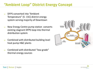 “Ambient Loop” District Energy Concept








DFPS converted into “Ambient
Temperature” (5 -15C) district energy
system serving majority of Downtown
New Energy Centre pump station converts
existing stagnant DFPS loop into thermal
distribution system
Combined with distributed building level
heat pump H&C plants
Combined with distributed “low-grade”
thermal energy sources

 