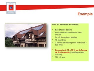 Exemple
Hôtel Au Heimbach à Lembach

•
•
•
•
•
•
•

Eau chaude solaire
Remplacement des ballons d’eau
chaude
24 m2 de capteurs solaires
18 chambres
3 ballons de stockage soit un total de 1
500 litres
Economie de 10 à 15 % sur la facture
de fioul annuelle (chauffage et eau
chaude)
TRI = 7 ans

 