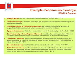 Exemple d’économies d’énergie
Hôtel La Perouse
•

Éclairage efficace : 80% des lumières sont à faible consommation d’énergie. Coût = 487 €

•

Contrôle de l’éclairage : Une alarme informatique (par mail) indique au personnel lorsque l’éclairage du hall
d’entrée peut être éteint.

•

Contrôle automatique de l’électricité dans les chambres : installation d’un système permettant de
coupant l’électricité lorsque les clients quittent leurs chambres (hormis les minibars)

•

Équipements de cuisine : réfrigérateurs et congélateurs sont de classe énergétique A+/A++. Coût = 2000 €

•

Contrôle automatique du chauffage/ refroidissement : installation d’un système permettant d’éteindre le
chauffage ou l’air conditionné lorsque qu’une fenêtre est ouverte lors de la construction du bâtiment

•

Contrôle de la ventilation : des bouches hygroréglables ont été installées dans les salles de bains pour
ajuster la ventilation en fonction de l’humidité des pièces, le moteur central de 500 W a été remplacé par un
moteur dynamique 200-500 W.

•

Économie d’eau chaude : installation d’économiseurs d’eau dans les salles de bains. Coût = 1235 €

•

Distribution d’eau chaude : installation d’une boucle d’eau chaude fermée pour que de l’eau chaude soit
disponible près des robinets et qu’elle soit ensuite renvoyée vers le chauffe-eau ; 5 pompes fonctionnent 11
heures par jour (elles sont connectées à un programmateur). Coût = 12171€

 