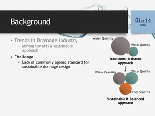 Background
• Trends in Drainage Industry
• Moving towards a sustainable
approach
• Challenge
• Lack of commonly agreed standard for
sustainable drainage design
03 of 14
slides
Sustainable & Balanced
Approach
Traditional & Biased
Approach
Water Quantity Water Quality
Other Benefits
Water Quantity
Water Quality
 