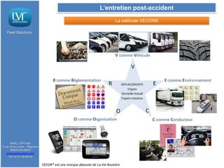 L’entretien post-accident
                                                                           La méthode VECOR®

   Fleet Solutions




      SARL LVR Fleet
2 rue de la Levée - Bagneux
      49400 SAUMUR
   www.lavieroutiere.com
     Tél: 02 41 59 00 00

                              VECOR® est une marque déposée de La Vie Routière
 