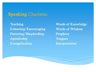 Speaking Charisms:

•   Teaching                Words of Knowledge
•   Exhorting/Encouraging   Words of Wisdom
•   Pastoring/Shepherding   Prophesy
•   Apostleship             Tongues
•   Evangelization          Interpretation
 