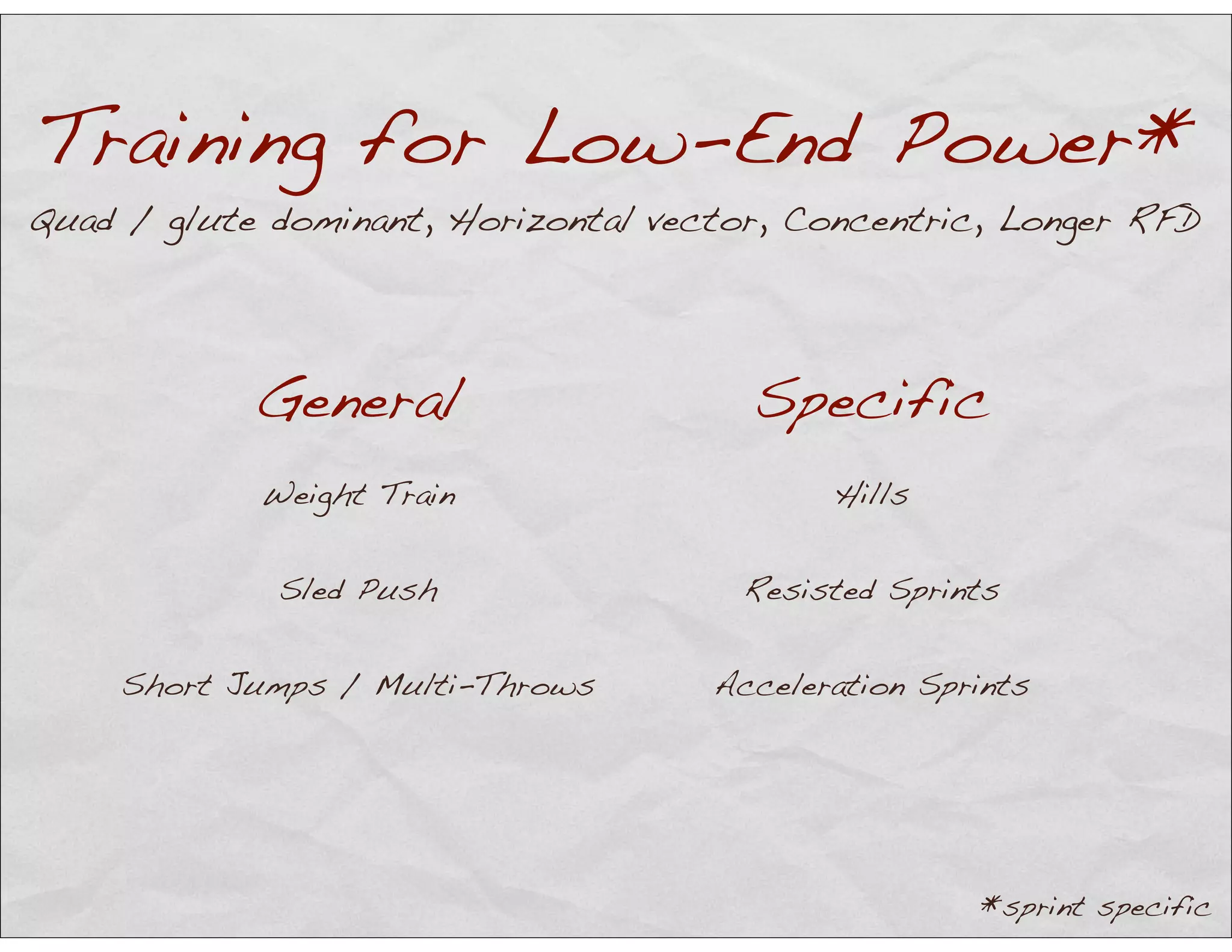 Training for Low-End Power*
General Specific
Weight Train Hills
Sled Push Resisted Sprints
Short Jumps / Multi-Throws Acceleration Sprints
Quad / glute dominant, Horizontal vector, Concentric, Longer RFD
*sprint specific
 