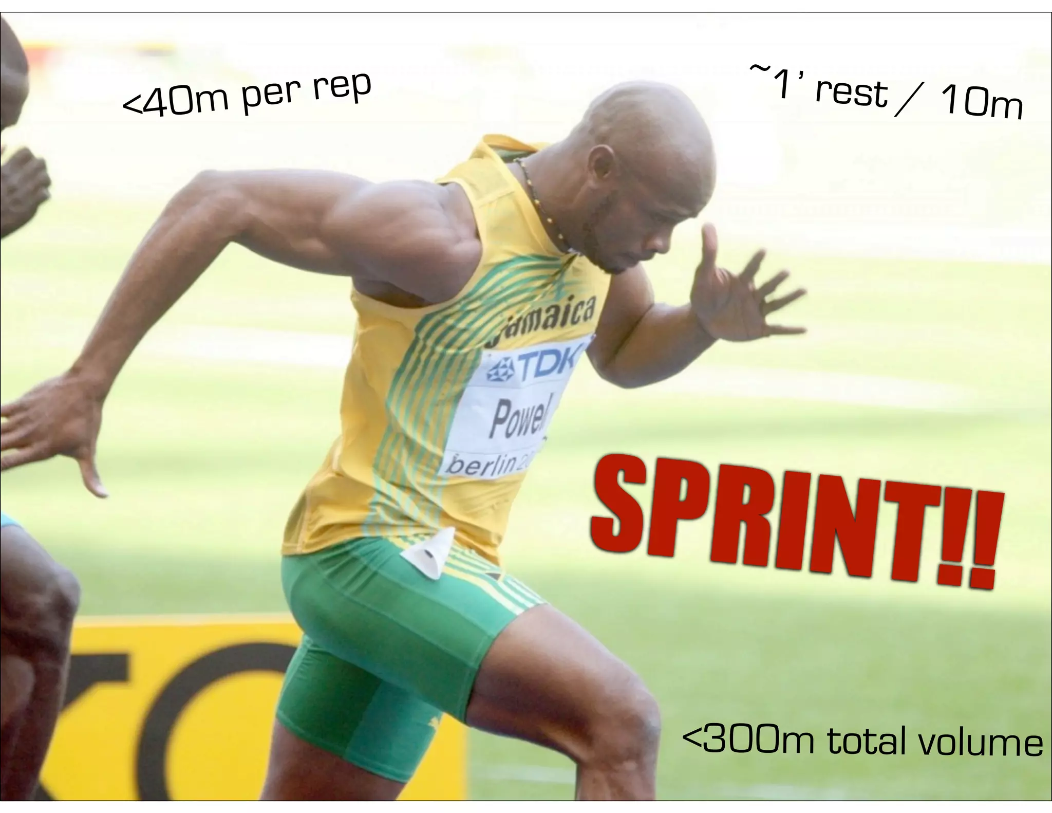 <40m per rep ~1’ rest / 10m
<300m total volume
 