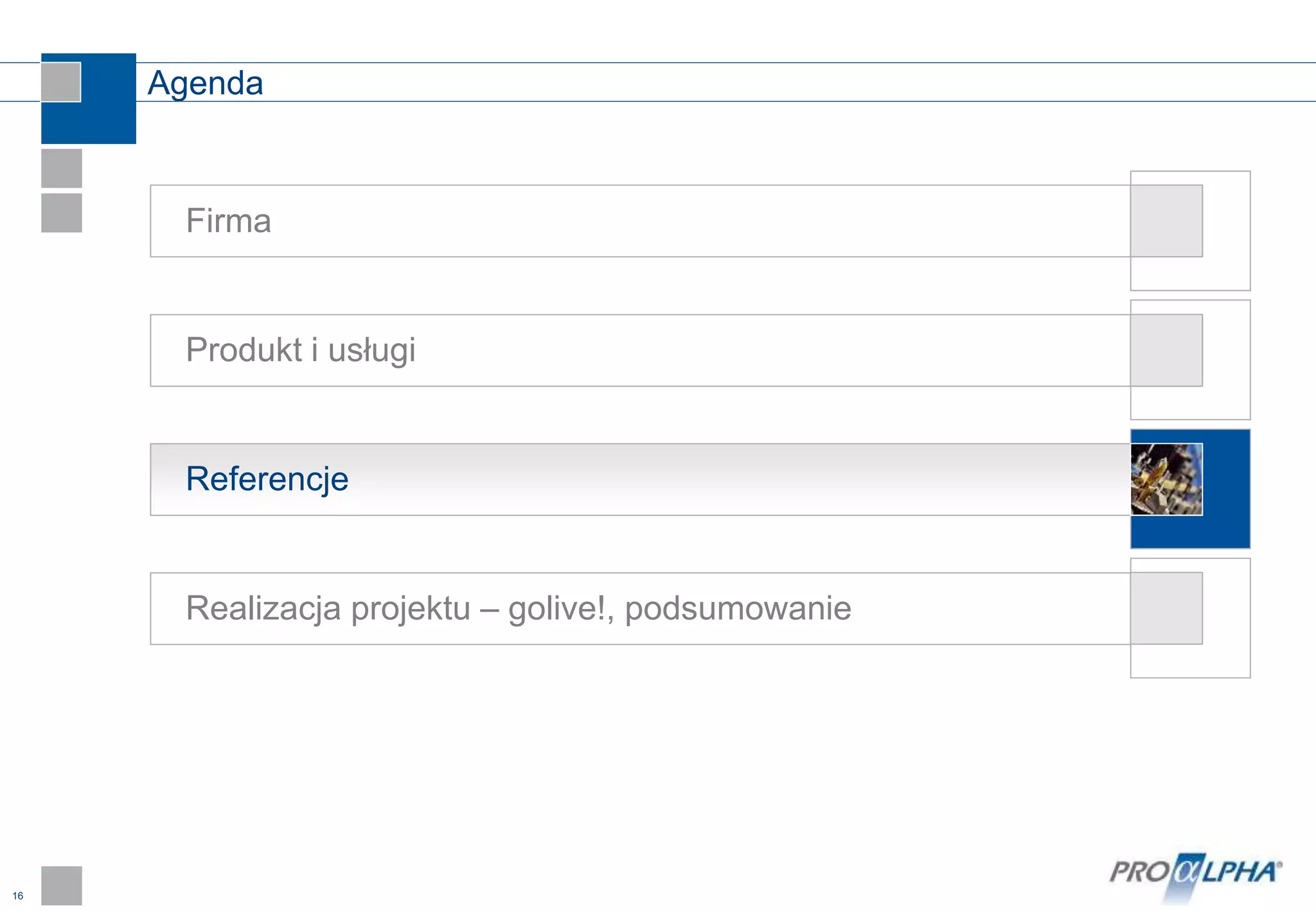 16
Agenda
Referencje
Produkt i usługi
Firma
Realizacja projektu – golive!, podsumowanie
 