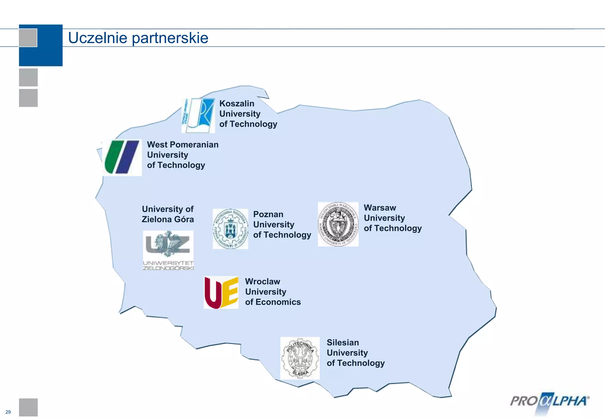 29
Koszalin
University
of Technology
West Pomeranian
University
of Technology
Warsaw
University
of Technology
University of
Zielona Góra
Silesian
University
of Technology
Wroclaw
University
of Economics
Poznan
University
of Technology
Uczelnie partnerskie
 