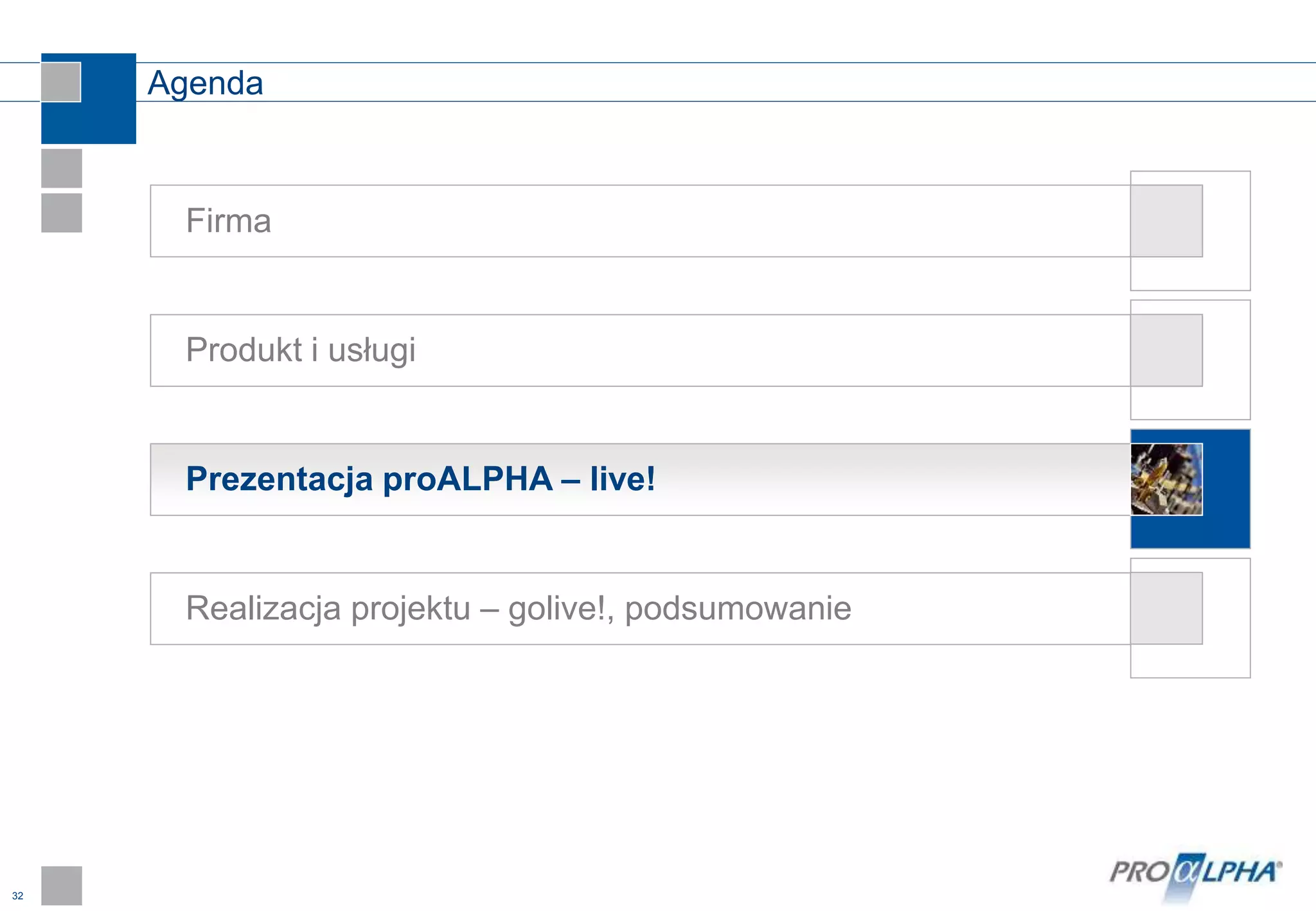 32
Agenda
Prezentacja proALPHA – live!
Produkt i usługi
Firma
Realizacja projektu – golive!, podsumowanie
 