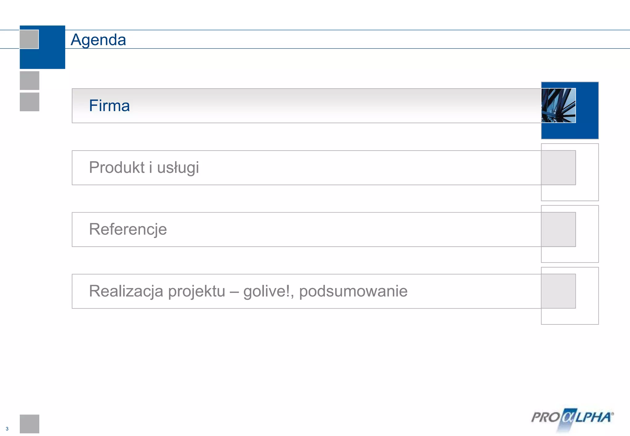 3
Firma
Agenda
Produkt i usługi
Realizacja projektu – golive!, podsumowanie
Referencje
 