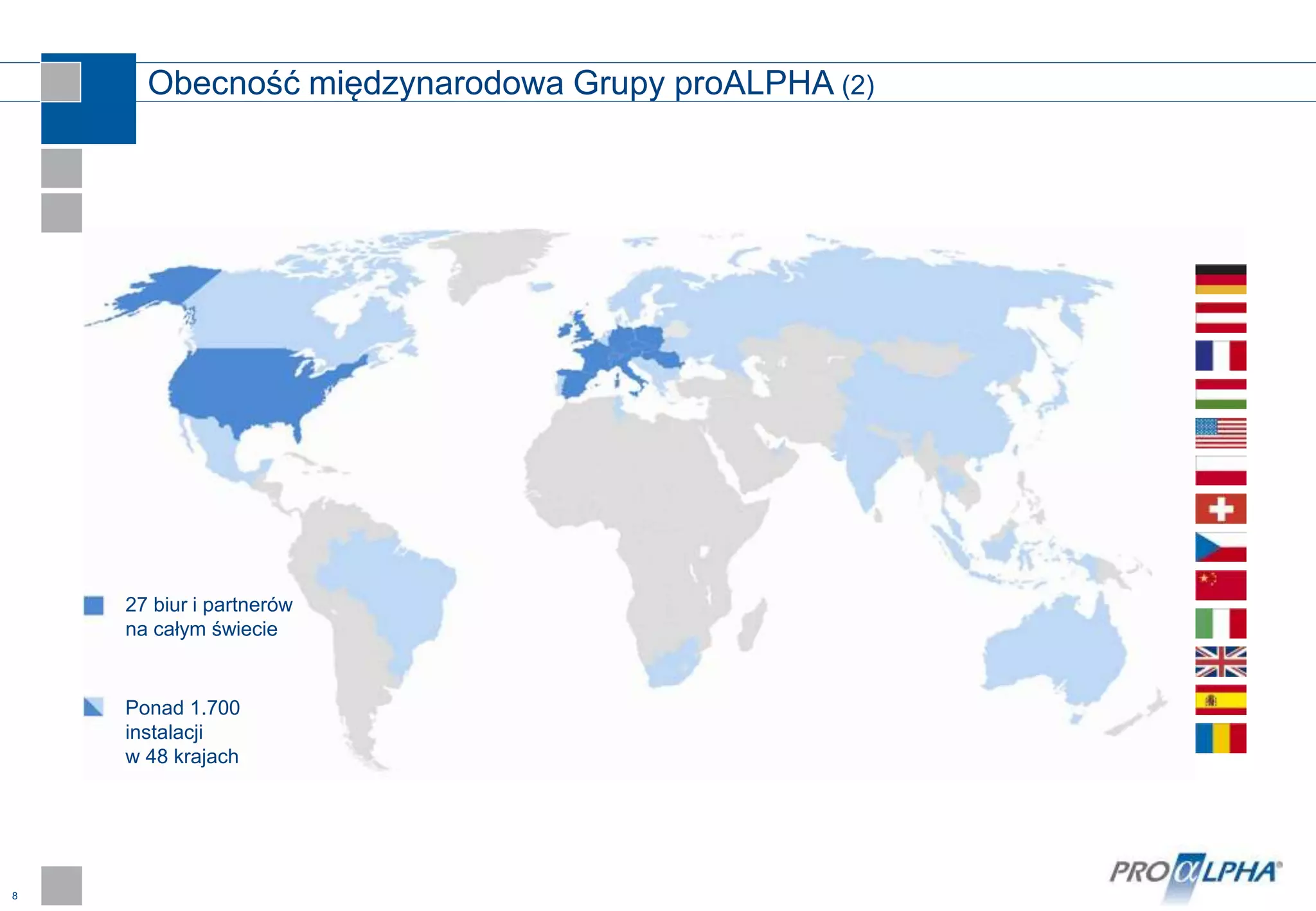 8
Obecność międzynarodowa Grupy proALPHA (2)
27 biur i partnerów
na całym świecie
Ponad 1.700
instalacji
w 48 krajach
 