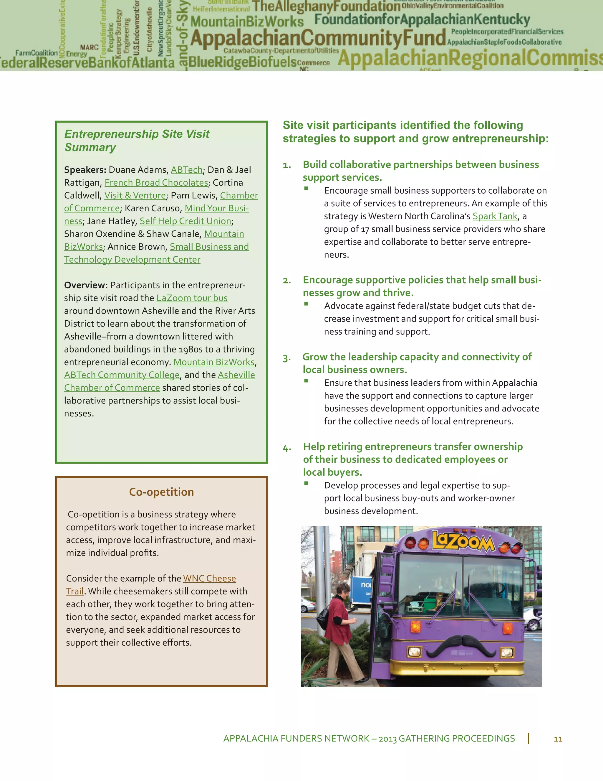 Site visit participants identified the following
strategies to support and grow entrepreneurship:
1. Build collaborative partnerships between business
support services.
▪ Encourage small business supporters to collaborate on
a suite of services to entrepreneurs. An example of this
strategy is Western North Carolina’s SparkTank, a
group of 17 small business service providers who share
expertise and collaborate to better serve entrepre
neurs.
2. Encourage supportive policies that help small busi
nesses grow and thrive.
▪ Advocate against federal/state budget cuts that de
crease investment and support for critical small busi
ness training and support.
3. Grow the leadership capacity and connectivity of
local business owners.
▪ Ensure that business leaders from within Appalachia
have the support and connections to capture larger
businesses development opportunities and advocate
for the collective needs of local entrepreneurs.
4. Help retiring entrepreneurs transfer ownership
of their business to dedicated employees or
local buyers.
▪ Develop processes and legal expertise to sup
port local business buy outs and worker owner
business development.
APPALACHIA FUNDERS NETWORK – 2013 GATHERING PROCEEDINGS 11
Entrepreneurship Site Visit
Summary
Speakers: Duane Adams, ABTech; Dan & Jael
Rattigan, French Broad Chocolates; Cortina
Caldwell, Visit & Venture; Pam Lewis, Chamber
of Commerce; Karen Caruso, MindYour Busi
ness; Jane Hatley, Self Help Credit Union;
Sharon Oxendine & Shaw Canale, Mountain
BizWorks; Annice Brown, Small Business and
Technology Development Center
Overview: Participants in the entrepreneur
ship site visit road the LaZoom tour bus
around downtown Asheville and the River Arts
District to learn about the transformation of
Asheville–from a downtown littered with
abandoned buildings in the 1980s to a thriving
entrepreneurial economy. Mountain BizWorks,
ABTech Community College, and the Asheville
Chamber of Commerce shared stories of col
laborative partnerships to assist local busi
nesses.
Co opetition
Co opetition is a business strategy where
competitors work together to increase market
access, improve local infrastructure, and maxi
mize individual proﬁts.
Consider the example of the WNC Cheese
Trail. While cheesemakers still compete with
each other, they work together to bring atten
tion to the sector, expanded market access for
everyone, and seek additional resources to
support their collective eﬀorts.
 