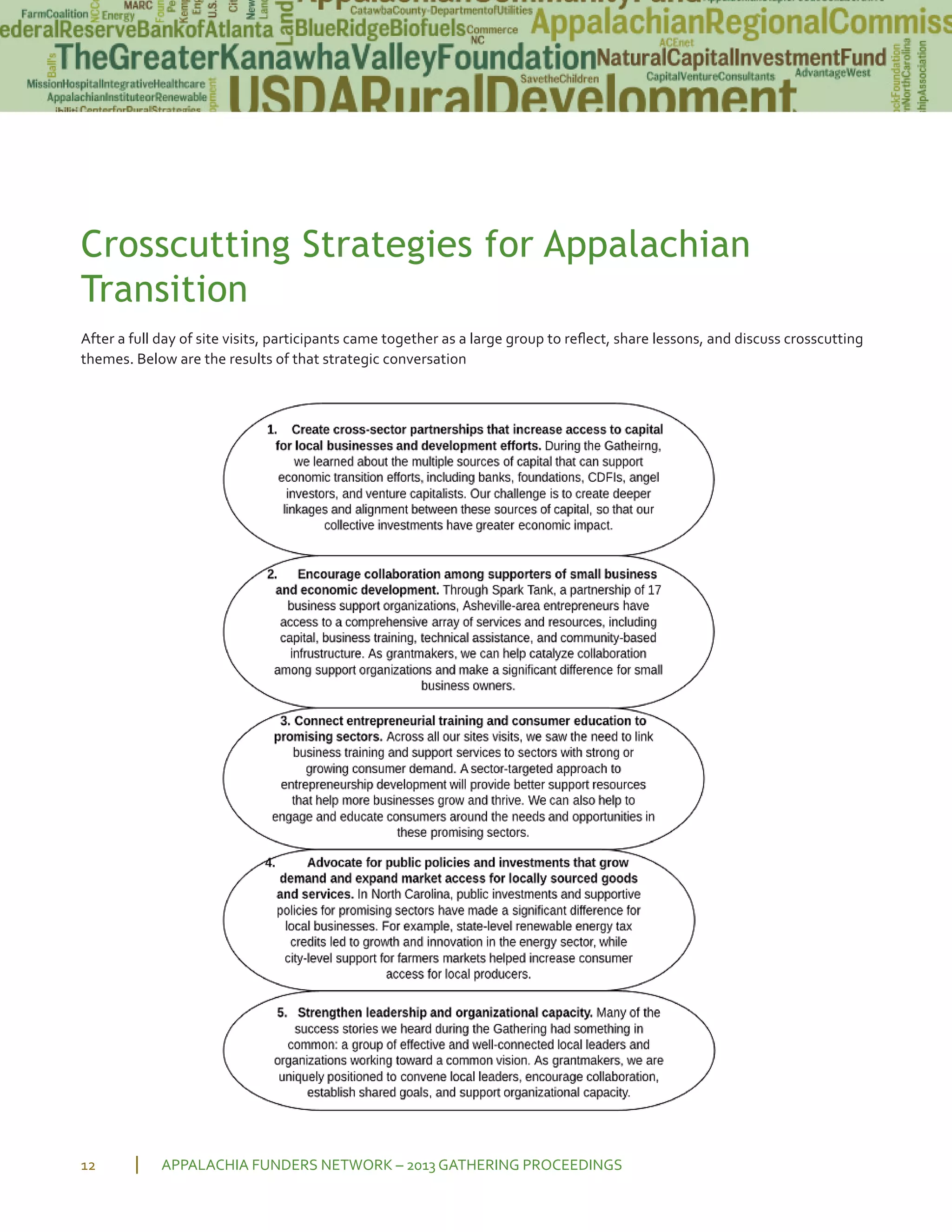 Crosscutting Strategies for Appalachian
Transition
After a full day of site visits, participants came together as a large group to reﬂect, share lessons, and discuss crosscutting
themes. Below are the results of that strategic conversation
APPALACHIA FUNDERS NETWORK – 2013 GATHERING PROCEEDINGS12
 