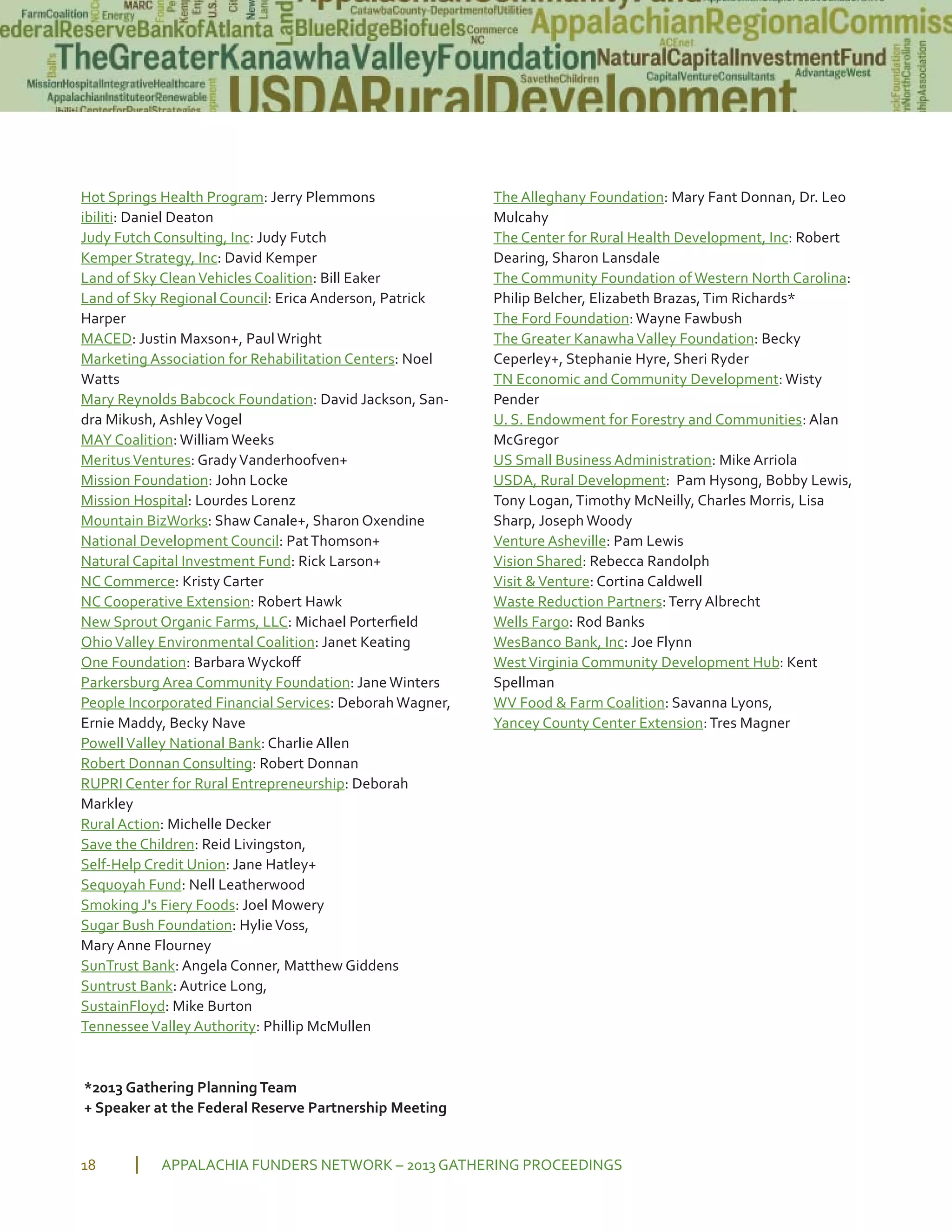 Hot Springs Health Program: Jerry Plemmons
ibiliti: Daniel Deaton
Judy Futch Consulting, Inc: Judy Futch
Kemper Strategy, Inc: David Kemper
Land of Sky CleanVehicles Coalition: Bill Eaker
Land of Sky Regional Council: Erica Anderson, Patrick
Harper
MACED: Justin Maxson+, Paul Wright
Marketing Association for Rehabilitation Centers: Noel
Watts
Mary Reynolds Babcock Foundation: David Jackson, San
dra Mikush, AshleyVogel
MAY Coalition: William Weeks
MeritusVentures: GradyVanderhoofven+
Mission Foundation: John Locke
Mission Hospital: Lourdes Lorenz
Mountain BizWorks: Shaw Canale+, Sharon Oxendine
National Development Council: PatThomson+
Natural Capital Investment Fund: Rick Larson+
NC Commerce: Kristy Carter
NC Cooperative Extension: Robert Hawk
New Sprout Organic Farms, LLC: Michael Porterﬁeld
OhioValley Environmental Coalition: Janet Keating
One Foundation: Barbara Wyckoﬀ
Parkersburg Area Community Foundation: Jane Winters
People Incorporated Financial Services: Deborah Wagner,
Ernie Maddy, Becky Nave
PowellValley National Bank: Charlie Allen
Robert Donnan Consulting: Robert Donnan
RUPRI Center for Rural Entrepreneurship: Deborah
Markley
Rural Action: Michelle Decker
Save the Children: Reid Livingston,
Self Help Credit Union: Jane Hatley+
Sequoyah Fund: Nell Leatherwood
Smoking J's Fiery Foods: Joel Mowery
Sugar Bush Foundation: HylieVoss,
Mary Anne Flourney
SunTrust Bank: Angela Conner, Matthew Giddens
Suntrust Bank: Autrice Long,
SustainFloyd: Mike Burton
TennesseeValley Authority: Phillip McMullen
The Alleghany Foundation: Mary Fant Donnan, Dr. Leo
Mulcahy
The Center for Rural Health Development, Inc: Robert
Dearing, Sharon Lansdale
The Community Foundation of Western North Carolina:
Philip Belcher, Elizabeth Brazas,Tim Richards*
The Ford Foundation: Wayne Fawbush
The Greater KanawhaValley Foundation: Becky
Ceperley+, Stephanie Hyre, Sheri Ryder
TN Economic and Community Development: Wisty
Pender
U. S. Endowment for Forestry and Communities: Alan
McGregor
US Small Business Administration: Mike Arriola
USDA, Rural Development: Pam Hysong, Bobby Lewis,
Tony Logan,Timothy McNeilly, Charles Morris, Lisa
Sharp, Joseph Woody
Venture Asheville: Pam Lewis
Vision Shared: Rebecca Randolph
Visit &Venture: Cortina Caldwell
Waste Reduction Partners:Terry Albrecht
Wells Fargo: Rod Banks
WesBanco Bank, Inc: Joe Flynn
WestVirginia Community Development Hub: Kent
Spellman
WV Food & Farm Coalition: Savanna Lyons,
Yancey County Center Extension:Tres Magner
APPALACHIA FUNDERS NETWORK – 2013 GATHERING PROCEEDINGS18
*2013 Gathering PlanningTeam
+ Speaker at the Federal Reserve Partnership Meeting
 