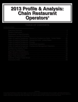 2013 Profile & Analysis:
Chain Restaurant
Operators®
TABLE OF CONTENTS
INTRODUCTION
Executive Summary.......................................................................................................2
Details & Definitions ......................................................................................................7
Explanation of Data Elements........................................................................................8
Statistical Analysis of Contents.................................................................................... 11
Index of Leading Companies - Ranked by Foodservice Sales - United States............20
Index of Leading Companies - Ranked by Units - United States.................................24
Index of Leading Companies - Canada........................................................................26
Index of Leading Companies - Hotel/Motel Operators.................................................27
Index of Leading Companies - Foodservice Management Operators..........................27
Foodservice Industry Profile.........................................................................................28
Franchise Headquarters...............................................................................................38
Major Mergers & Acquisitions.......................................................................................43
State Restaurant Associations.....................................................................................46
Major Trade Associations.............................................................................................54
Calendar of Major Trade Shows...................................................................................66
Exclusions Index..........................................................................................................69
WARNING:
It has come to the attention of Chain Store Guides, LLC that subscribers to som­e of its publications have, on occasion, used these publications to
compile mailing lists, marketing aids, and/or other types of data, which are sold or otherwise provided to third parties. Such use may be illegal and a
violation of the federal copyright laws. Chain Store Guides, LLC intends to exercise its right to prohibit and punish such misuse.
 