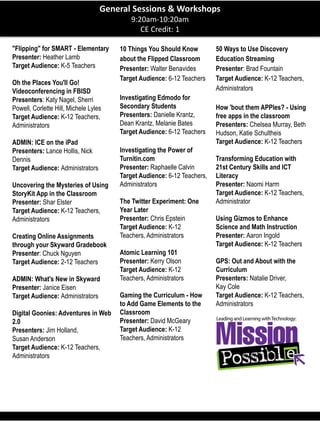 General Sessions & Workshops
9:20am-10:20am
CE Credit: 1
"Flipping" for SMART - Elementary
Presenter: Heather Lamb
Target Audience: K-5 Teachers
Oh the Places You'll Go!
Videoconferencing in FBISD
Presenters: Katy Nagel, Sherri
Powell, Corlette Hill, Michele Lyles
Target Audience: K-12 Teachers,
Administrators
ADMIN: ICE on the iPad
Presenters: Lance Hollis, Nick
Dennis
Target Audience: Administrators
Uncovering the Mysteries of Using
StoryKit App in the Classroom
Presenter: Shar Elster
Target Audience: K-12 Teachers,
Administrators
Creating Online Assignments
through your Skyward Gradebook
Presenter: Chuck Nguyen
Target Audience: 2-12 Teachers
ADMIN: What's New in Skyward
Presenter: Janice Eisen
Target Audience: Administrators
Digital Goonies: Adventures in Web
2.0
Presenters: Jim Holland,
Susan Anderson
Target Audience: K-12 Teachers,
Administrators
10 Things You Should Know
about the Flipped Classroom
Presenter: Walter Benavides
Target Audience: 6-12 Teachers
Investigating Edmodo for
Secondary Students
Presenters: Danielle Krantz,
Dean Krantz, Melanie Bates
Target Audience: 6-12 Teachers
Investigating the Power of
Turnitin.com
Presenter: Raphaelle Calvin
Target Audience: 6-12 Teachers,
Administrators
The Twitter Experiment: One
Year Later
Presenter: Chris Epstein
Target Audience: K-12
Teachers, Administrators
Atomic Learning 101
Presenter: Kerry Olson
Target Audience: K-12
Teachers, Administrators
Gaming the Curriculum - How
to Add Game Elements to the
Classroom
Presenter: David McGeary
Target Audience: K-12
Teachers, Administrators
50 Ways to Use Discovery
Education Streaming
Presenter: Brad Fountain
Target Audience: K-12 Teachers,
Administrators
How 'bout them APPles? - Using
free apps in the classroom
Presenters: Chelsea Murray, Beth
Hudson, Katie Schultheis
Target Audience: K-12 Teachers
Transforming Education with
21st Century Skills and ICT
Literacy
Presenter: Naomi Harm
Target Audience: K-12 Teachers,
Administrator
Using Gizmos to Enhance
Science and Math Instruction
Presenter: Aaron Ingold
Target Audience: K-12 Teachers
GPS: Out and About with the
Curriculum
Presenters: Natalie Driver,
Kay Cole
Target Audience: K-12 Teachers,
Administrators
 