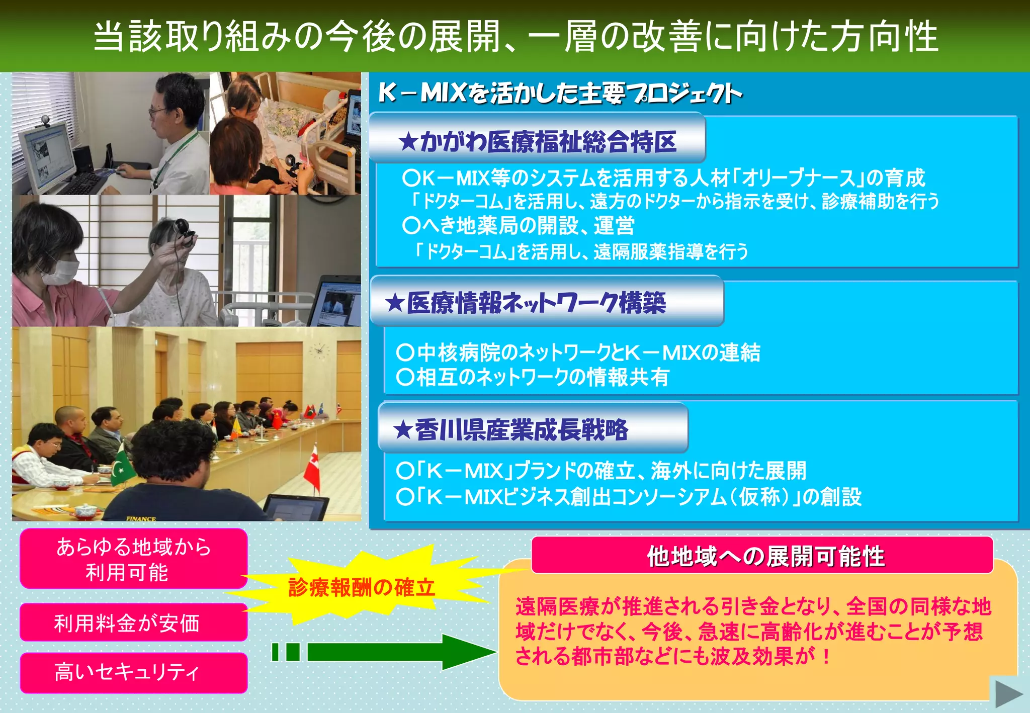 当該取り組みの今後の展開、一層の改善に向けた方向性
Ｋ－ＭＩＸを活かした主要プロジェクト
★かがわ医療福祉総合特区
○K－MIX等のシステムを活用する人材「オリーブナース」の育成
「ドクターコム」を活用し、遠方のドクターから指示を受け、診療補助を行う

○へき地薬局の開設、運営
「ドクターコム」を活用し、遠隔服薬指導を行う

★医療情報ネットワーク構築
○中核病院のネットワークとＫ－ＭＩＸの連結
○相互のネットワークの情報共有

★香川県産業成長戦略
○「Ｋ－ＭＩＸ」ブランドの確立、海外に向けた展開
○「Ｋ－ＭＩＸビジネス創出コンソーシアム（仮称）」の創設
あらゆる地域から
利用可能
利用料金が安価
高いセキュリティ

他地域への展開可能性
診療報酬の確立

遠隔医療が推進される引き金となり、全国の同様な地
域だけでなく、今後、急速に高齢化が進むことが予想
される都市部などにも波及効果が！

 