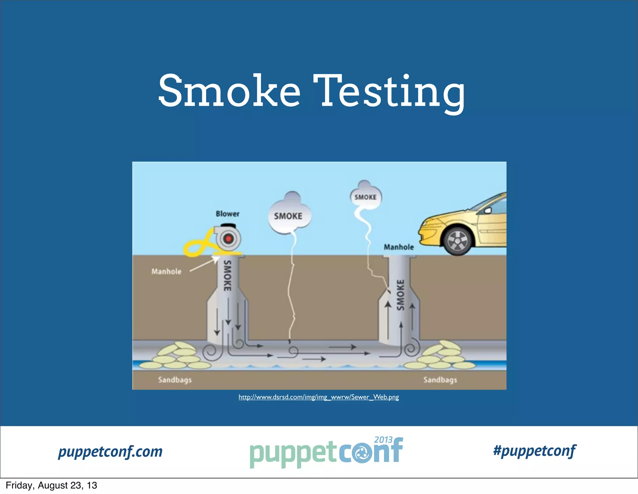 puppetconf.com #puppetconf
http://www.dsrsd.com/img/img_wwrw/Sewer_Web.png
Smoke Testing
Friday, August 23, 13
 