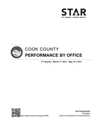 COOK COUNTY
PERFORMANCE BY OFFICE
2nd Quarter
Toni Preckwinkle
President
Cook County Board of Commissioners
March 1st, 2013 – May 31st, 2013
http://www.cookcountyil.gov/STAR
 