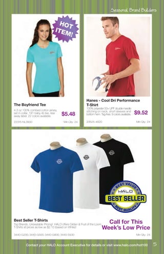 Seasonal Brand Builders
5Contact your HALO Account Executive for details or visit www.halo.com/hot100
22315-NL3900
The Boyfriend Tee
4.3 oz 100% combed cotton jersey,
set in collar, 1X1 baby rib tee, tear
away label. 22 colors available. $5.48
Min Qty: 24
3440-G200, 3440-G500, 3440-G800, 3440-5930
Best Seller T-Shirts
Top Brands, Unbeatable Pricing! HALO offers Gildan & Fruit of the Loom
T-Shirts at prices as low as $2.10 (based on White)!
Call for This
Week’s Low Price
Min Qty: 24
20625-4820
Hanes - Cool Dri Performance
T-Shirt
100% polyester 50+ UPF double-needle
stitching on neck, short sleeves and
bottom hem. Tag-free. 9 colors available. $9.52
Min Qty: 24
HOT
ITEM!
 