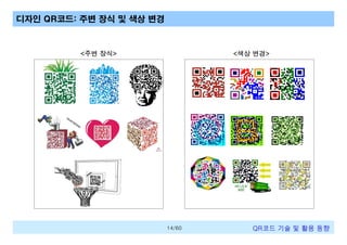 디자인 QR코드: 주변 장식 및 색상 변경

<주변 장식>

<색상 변경>

14/60

QR코드 기술 및 활용 트렌드

 