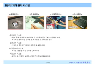 [관리] 기타 관리 시스템

<용지관리>

<검체관리>

<입장객관리>

<자산관리>

•용지관리 시스템
- 택지 측량 후 측량 경계에 위치 정보가 들어있는 QR코드의 타일 매림
- 토지와 건물에 대한 정보를 쉽게 확인할 수 있어 실수 방지
•검체관리 시스템
- 시험관의 좁은 공간에 검사항목 등을 QR코드화
•입장객관리 시스템
- 회사명, 성함 등 개인 정보를 QR코드화
•자산관리 시스템
- 일련번호, 사용자, 설치장소 등의 자산정보를 QR코드화

25/60

QR코드 기술 및 활용 트렌드

 
