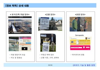 [정보 획득] 상세 내용

< 토지/건축 개발 정보>

<건물 정보>

- 개발 완성시의 모습

- 부동산 매매 정보

- 지도 및 동영상

<관광 정보>

- 건물 사진, 가격, 연락처

36/60

- 위키피디어 연동

QR코드 기술 및 활용 트렌드

 