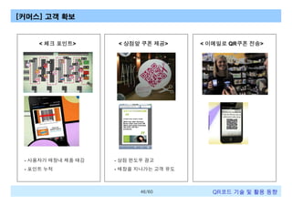 [커머스] 고객 확보

< 체크 포인트>

< 상점앞 쿠폰 제공>

- 사용자가 매장내 제품 태깅

- 상점 윈도우 광고

- 포인트 누적

< 이메일로 QR쿠폰 전송>

- 매장을 지나가는 고객 유도

46/60

QR코드 기술 및 활용 트렌드

 