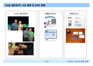 [소셜 네트워크] 사진 분류 및 SNS 등록

<사진 자동 분류>

<SNS 체크인>

48/60

<명함인식>

QR코드 기술 및 활용 트렌드

 