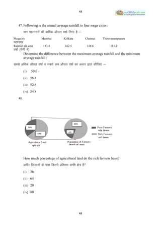 48



     47. Following is the annual average rainfall in four mega cities :

           pkj egkuxjksa dh okf’kZd vkSlr o’kkZ fuEu gS %&
Megacity                        Mumbai     Kolkata              Chennai   Thiruvanantpuram
egkuxj
Rainfall (in cm)                 183.4      162.5                128.6         181.2
o’kkZ ¼lseh esa½
           Determine the difference between the maximum average rainfall and the minimum
           average rainfall :
lcls vf/kd vkSlr o’kkZ o lcls de vkSlr o’kkZ dk vUrj Kkr dhft, %&
           (i)     50.6
           (ii) 56.8

           (iii) 52.6

           (iv) 54.8

     48.




                                                     80%
                 36%

                                               20%
                          64%




           How much percentage of agricultural land do the rich farmers have?
           vehj fdlkuksa ds ikl fdrus izfr‛kr d‘f’k {ks= gS
           (i)     36
           (ii) 64

           (iii) 20

           (iv) 80




                                                           48
 
