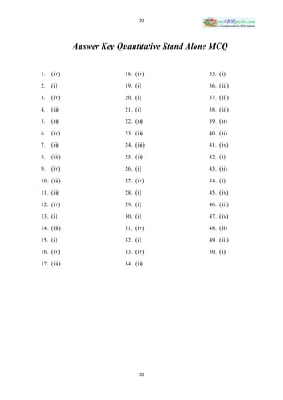 50




             Answer Key Quantitative Stand Alone MCQ


1.   (iv)                 18. (iv)             35. (i)

2.   (i)                  19. (i)              36. (iii)

3.   (iv)                 20. (i)              37. (iii)

4.   (ii)                 21. (i)              38. (iii)

5.   (ii)                 22. (ii)             39. (ii)

6.   (iv)                 23. (ii)             40. (ii)

7.   (ii)                 24. (iii)            41. (iv)

8.   (iii)                25. (ii)             42. (i)

9.   (iv)                 26. (i)              43. (ii)

10. (iii)                 27. (iv)             44. (i)

11. (ii)                  28. (i)              45. (iv)

12. (iv)                  29. (i)              46. (iii)

13. (i)                   30. (i)              47. (iv)

14. (iii)                 31. (iv)             48. (ii)

15. (i)                   32. (i)              49. (iii)

16. (iv)                  33. (iv)             50. (i)

17. (iii)                 34. (ii)




                                50
 