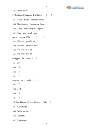36

   (iv) tyh; foy;u

15. Filtration : Fractional distillation : : ? : ?

   (i)   Solid – liquid : miscible liquid

   (ii) Sublimation : Separating funnel

   (iii) Solid – solid : liquid – liquid

   (iv) Gas – gas : solid – gas

  Nkuuk % vklou fof/k % %                  %   
   (i)   Bksl&nzo % ?kqyu‛khy nzo
   (ii) m/oZikru % i‘FkDdj.k Quy

   (iii) Bksl&Bksl % nzo&nzo

   (iv) xSl&xSl % Bksl&xSl

16. Oxygen : 16 : : carbon : ?

   (i)   27

   (ii) 35.5

   (iii) 14

   (iv) 12

  vkDlhtu % 16 % % dkcZu %          
   (i)   27

   (ii) 35.5

   (iii) 14

   (iv) 12

17. Robert Hooks : Robert Brown : : Cells : ?

   (i)   Cytoplasm

   (ii) Mitochondria

   (iii) Nucleus

   (iv) Lysosomes
                                                    36
 