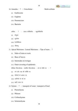 38

20. Amoeba : ? : : Unicellular :                             Multi-cellular

   (i)   Earthworm

   (ii) Euglena

   (iii) Paramecium

   (iv) Bacteria



   vehck %        % % ,dy dksf‛kdh; % cgqdksf‛kdh;
   (i)   dspqvk
   (ii) ;wXyhuk

   (iii) isjkfef‛k;e

   (iv) thok.kq

21. Apical Meristem : Lateral Meristem : : Tips of stem : ?

   (i)   Sides of stem or roots

   (ii) Base of leaves

   (iii) Internodes on twinges

   (iv) Outer covering of epidermis

   ‚kh’kZLFk foHkT;ksrd % ik‛ohZ; foHkT;ksrd % % rus ds ‚kh’kZ ij   % 
   (i)   rus vkSj tM+ dh ifjf/k ij
   (ii) ifRr;ksa ds vk/kkj ij

   (iii) Vgfu;ksa ds ioZ ij

   (iv) Ckgjh Ropk ij

22. Xylem : ? : : transport of water : transport of food

   (i)   Parenchyma

   (ii) Phloem

   (iii) Collenchymas

   (iv) Sclerenchyma
                                                  38
 