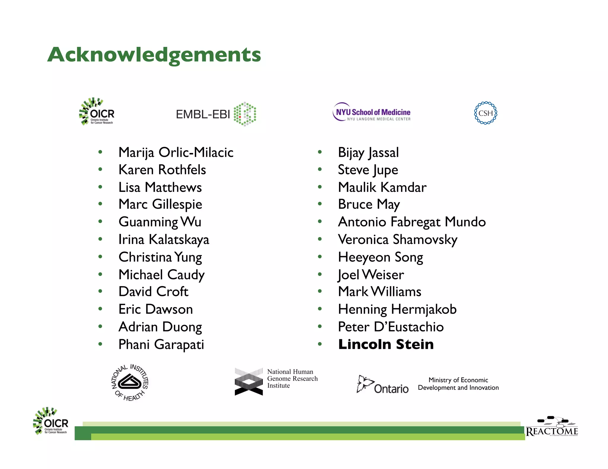 Acknowledgements	

Ministry of Economic
Development and Innovation	

•  Marija Orlic-Milacic	

•  Karen Rothfels	

•  Lisa Matthews	

•  Marc Gillespie	

•  Guanming Wu	

•  Irina Kalatskaya	

•  ChristinaYung	

•  Michael Caudy	

	

•  David Croft	

•  Eric Dawson	

•  Adrian Duong	

•  Phani Garapati	

•  Bijay Jassal 	

	

•  Steve Jupe	

•  Maulik Kamdar	

•  Bruce May 	

	

•  Antonio Fabregat Mundo	

•  Veronica Shamovsky	

•  Heeyeon Song	

•  Joel Weiser 	

	

•  Mark Williams	

•  Henning Hermjakob	

•  Peter D’Eustachio	

•  Lincoln Stein	

 