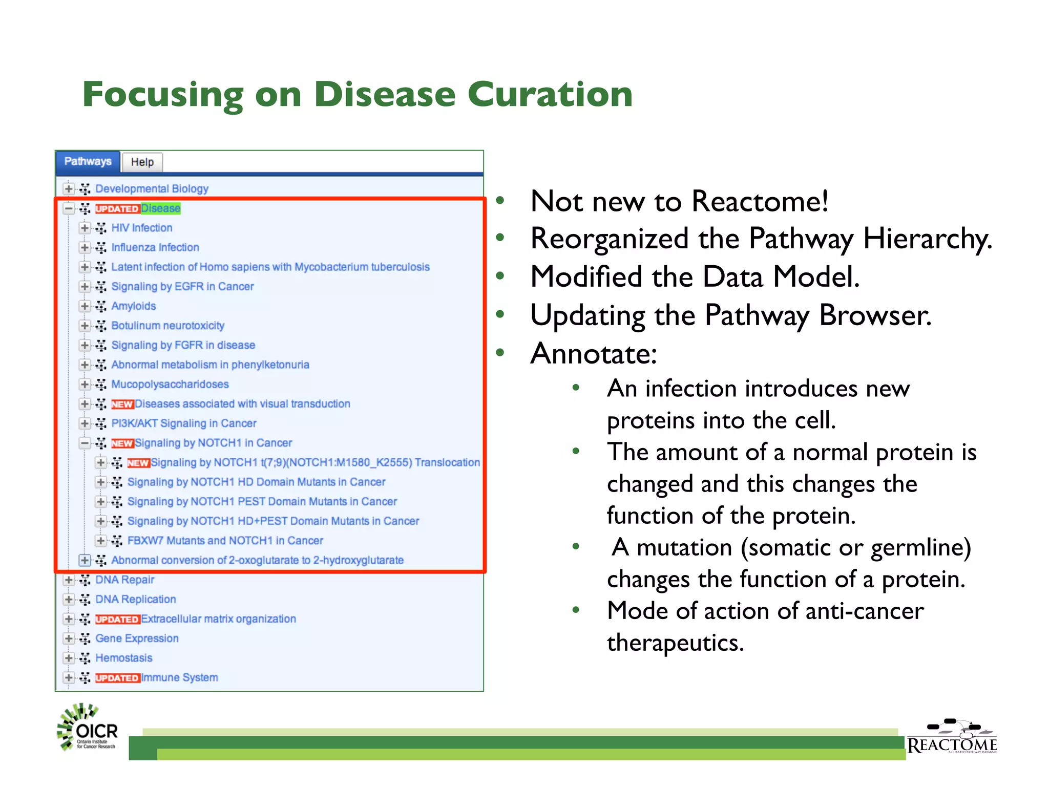 •  Not new to Reactome!	

•  Reorganized the Pathway Hierarchy.	

•  Modiﬁed the Data Model.	

•  Updating the Pathway Browser.	

•  Annotate:	

•  An infection introduces new
proteins into the cell.	

•  The amount of a normal protein is
changed and this changes the
function of the protein.	

•  A mutation (somatic or germline)
changes the function of a protein.	

•  Mode of action of anti-cancer
therapeutics.	

Focusing on Disease Curation	

 