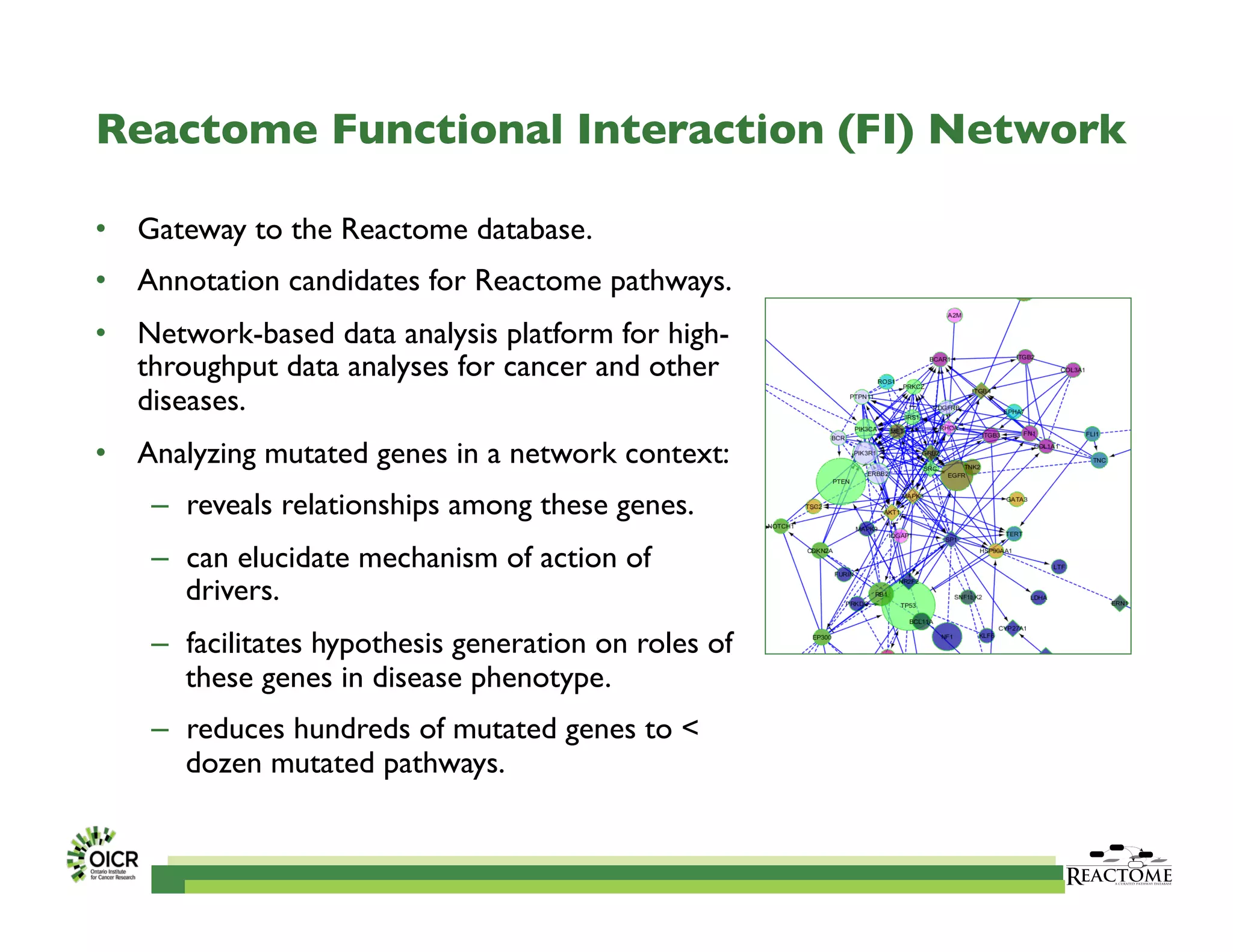 Reactome Functional Interaction (FI) Network	

•  Gateway to the Reactome database.	

•  Annotation candidates for Reactome pathways.	

•  Network-based data analysis platform for high-
throughput data analyses for cancer and other
diseases.	

•  Analyzing mutated genes in a network context:	

–  reveals relationships among these genes.	

–  can elucidate mechanism of action of
drivers.	

–  facilitates hypothesis generation on roles of
these genes in disease phenotype.	

–  reduces hundreds of mutated genes to 
dozen mutated pathways.	

 