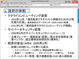 Copyright © JETRO/IPA New York 2012
http://www.ipa.go.jp/about/NYreport/index.html
File Edit View History Bookmark Window Help
Search
Insert your bookmarks here News Web
a. 政府の体制
• クラウドコンピューティング政策
– 2010年12月、「連邦政府ITマネジメント刷新のための25項
目実行計画」 連邦政府のデータセンター2094→800に削減
– 2011年2月、「連邦政府クラウドコンピューティング戦略」
• サイバーセキュリティ政策
– 2009年6月のサイバーセキュリティーレビュー、FU
– 主要プレーヤー：国防総省（防衛）、国土安全保障省（重
要インフラ）、国立標準技術研究所（標準化）
• 経済対策法（ARRA：2009年2月）
– 総額7,890億ドル、IT分野にも真水
• スマートグリッド・・・110億ドル（実証試験等45億ドル）
• 医療IT・・・・190億ドル 、ブロードバンド・・・72億ドル、 その他
– スマートメーター特需、電子健康記録（EHR）導入補助金 10
 