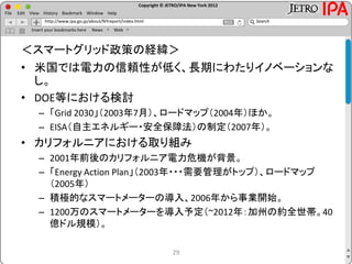 Copyright © JETRO/IPA New York 2012
http://www.ipa.go.jp/about/NYreport/index.html
File Edit View History Bookmark Window Help
Search
Insert your bookmarks here News Web
＜スマートグリッド政策の経緯＞
• 米国では電力の信頼性が低く、長期にわたりイノベーションな
し。
• DOE等における検討
– 「Grid 2030」（2003年7月）、ロードマップ（2004年）ほか。
– EISA（自主エネルギー・安全保障法）の制定（2007年）。
• カリフォルニアにおける取り組み
– 2001年前後のカリフォルニア電力危機が背景。
– 「Energy Action Plan」（2003年・・・需要管理がトップ）、ロードマップ
（2005年）
– 積極的なスマートメーターの導入、2006年から事業開始。
– 1200万のスマートメーターを導入予定（~2012年：加州の約全世帯。40
億ドル規模）。
29
 