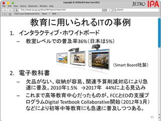Copyright © JETRO/IPA New York 2012
http://www.ipa.go.jp/about/NYreport/index.html
File Edit View History Bookmark Window Help
Search
Insert your bookmarks here News Web
教育に用いられるITの事例
1. インタラクティブ・ホワイトボード
– 教室レベルでの普及率36%（日本は5%）
（Smart Board社製）
2. 電子教科書
– 欠品がない、収納が容易、関連予算削減対応により急
速に普及。2010年1.5% →2017年 44%に上る見込み
– これまで高等教育中心だったものが、FCCとEDの支援プ
ログラムDigital Textbook Collaborative開始（2012年3月）
などにより初等中等教育にも急速に普及しつつある。
45
 