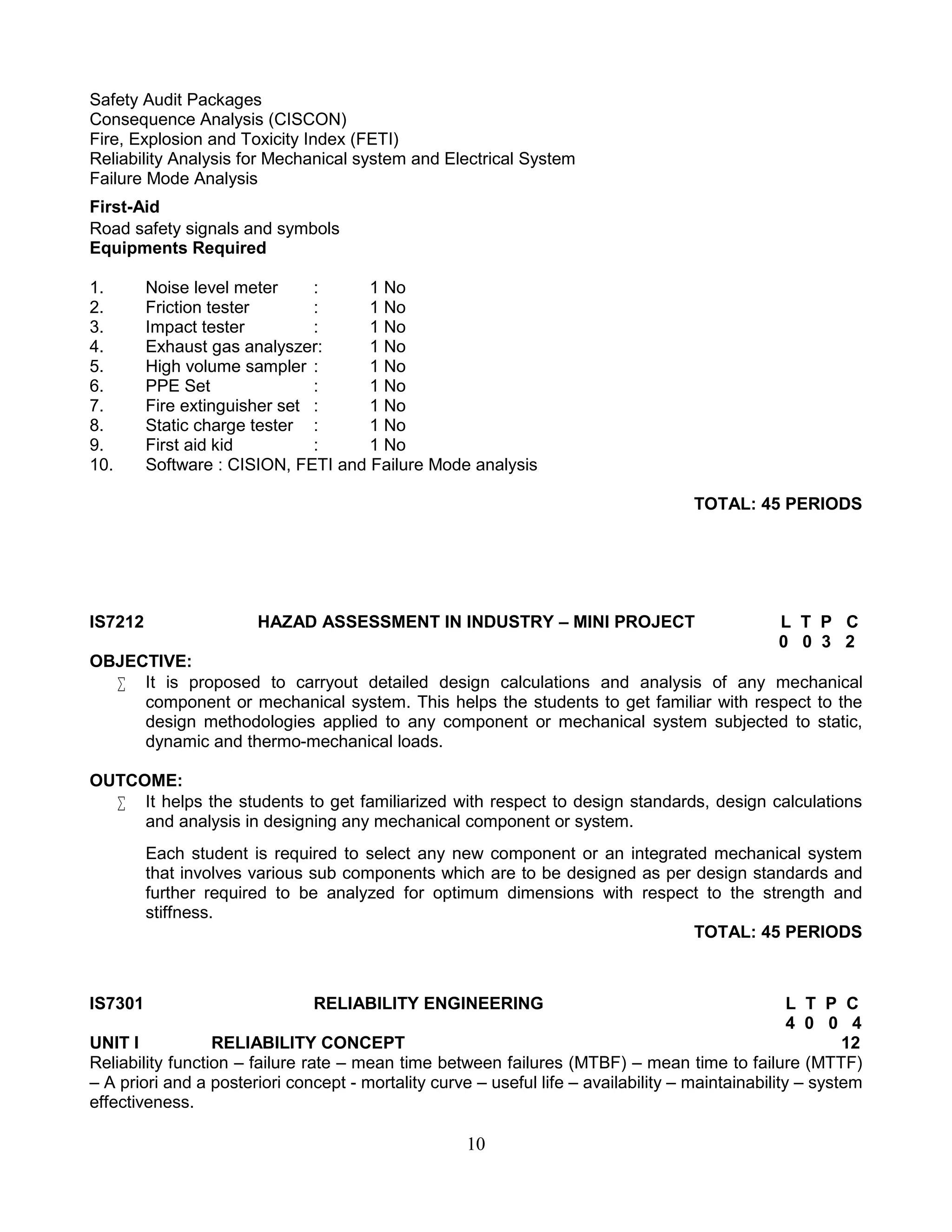 Safety Audit Packages
Consequence Analysis (CISCON)
Fire, Explosion and Toxicity Index (FETI)
Reliability Analysis for Mechanical system and Electrical System
Failure Mode Analysis
First-Aid
Road safety signals and symbols
Equipments Required
1.
2.
3.
4.
5.
6.
7.
8.
9.
10.

Noise level meter
:
1 No
Friction tester
:
1 No
Impact tester
:
1 No
Exhaust gas analyszer:
1 No
High volume sampler :
1 No
PPE Set
:
1 No
Fire extinguisher set :
1 No
Static charge tester :
1 No
First aid kid
:
1 No
Software : CISION, FETI and Failure Mode analysis
TOTAL: 45 PERIODS

IS7212

HAZAD ASSESSMENT IN INDUSTRY – MINI PROJECT

L T P C
0 0 3 2

OBJECTIVE:
 It is proposed to carryout detailed design calculations and analysis of any mechanical
component or mechanical system. This helps the students to get familiar with respect to the
design methodologies applied to any component or mechanical system subjected to static,
dynamic and thermo-mechanical loads.
OUTCOME:
 It helps the students to get familiarized with respect to design standards, design calculations
and analysis in designing any mechanical component or system.
Each student is required to select any new component or an integrated mechanical system
that involves various sub components which are to be designed as per design standards and
further required to be analyzed for optimum dimensions with respect to the strength and
stiffness.
TOTAL: 45 PERIODS

IS7301

RELIABILITY ENGINEERING

L T P C
4 0 0 4
UNIT I
RELIABILITY CONCEPT
12
Reliability function – failure rate – mean time between failures (MTBF) – mean time to failure (MTTF)
– A priori and a posteriori concept - mortality curve – useful life – availability – maintainability – system
effectiveness.

10

 