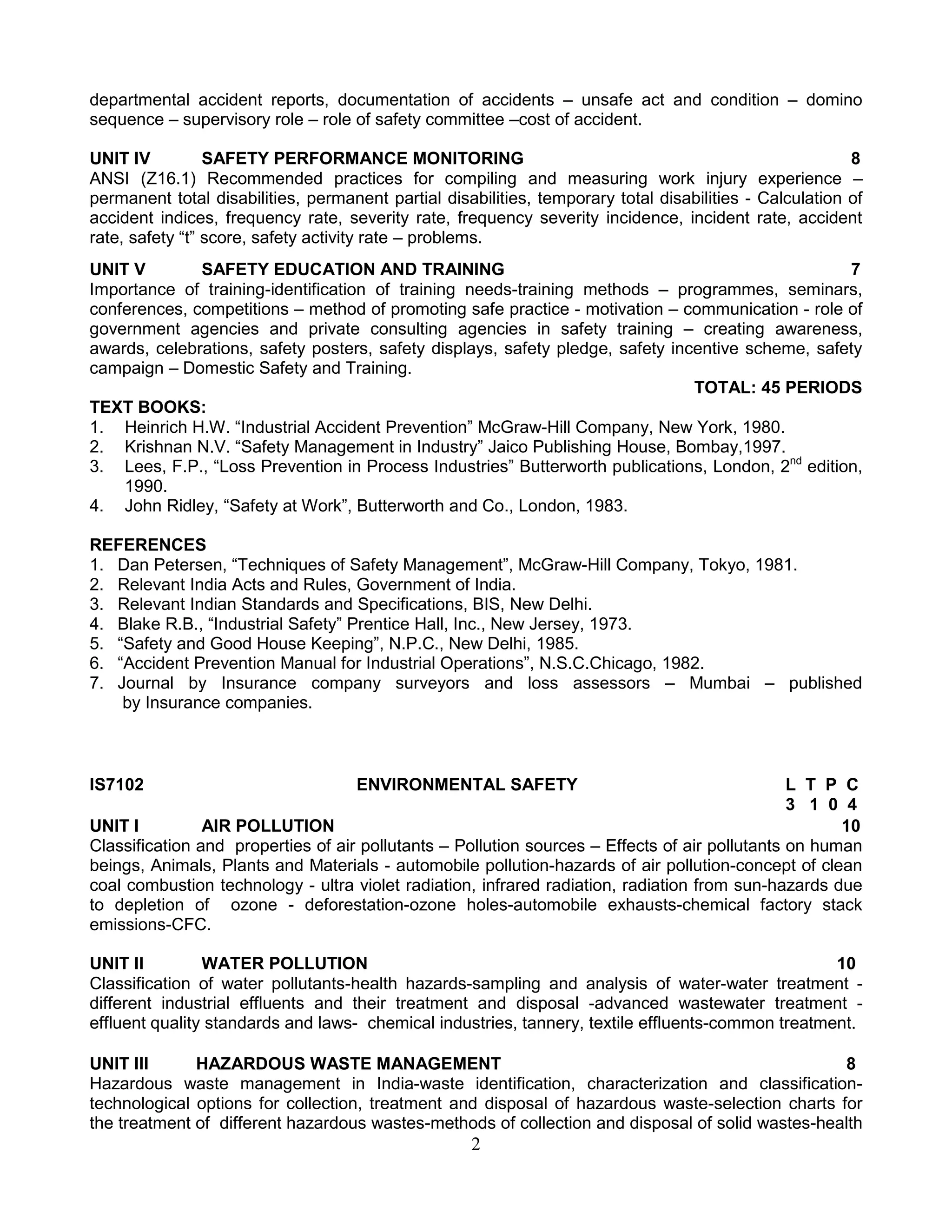 departmental accident reports, documentation of accidents – unsafe act and condition – domino
sequence – supervisory role – role of safety committee –cost of accident.
UNIT IV
SAFETY PERFORMANCE MONITORING
8
ANSI (Z16.1) Recommended practices for compiling and measuring work injury experience –
permanent total disabilities, permanent partial disabilities, temporary total disabilities - Calculation of
accident indices, frequency rate, severity rate, frequency severity incidence, incident rate, accident
rate, safety “t” score, safety activity rate – problems.
UNIT V
SAFETY EDUCATION AND TRAINING
7
Importance of training-identification of training needs-training methods – programmes, seminars,
conferences, competitions – method of promoting safe practice - motivation – communication - role of
government agencies and private consulting agencies in safety training – creating awareness,
awards, celebrations, safety posters, safety displays, safety pledge, safety incentive scheme, safety
campaign – Domestic Safety and Training.
TOTAL: 45 PERIODS
TEXT BOOKS:
1. Heinrich H.W. “Industrial Accident Prevention” McGraw-Hill Company, New York, 1980.
2. Krishnan N.V. “Safety Management in Industry” Jaico Publishing House, Bombay,1997.
3. Lees, F.P., “Loss Prevention in Process Industries” Butterworth publications, London, 2nd edition,
1990.
4. John Ridley, “Safety at Work”, Butterworth and Co., London, 1983.
REFERENCES
1. Dan Petersen, “Techniques of Safety Management”, McGraw-Hill Company, Tokyo, 1981.
2. Relevant India Acts and Rules, Government of India.
3. Relevant Indian Standards and Specifications, BIS, New Delhi.
4. Blake R.B., “Industrial Safety” Prentice Hall, Inc., New Jersey, 1973.
5. “Safety and Good House Keeping”, N.P.C., New Delhi, 1985.
6. “Accident Prevention Manual for Industrial Operations”, N.S.C.Chicago, 1982.
7. Journal by Insurance company surveyors and loss assessors – Mumbai – published
by Insurance companies.

IS7102

ENVIRONMENTAL SAFETY

L T P C
3 1 0 4
UNIT I
AIR POLLUTION
10
Classification and properties of air pollutants – Pollution sources – Effects of air pollutants on human
beings, Animals, Plants and Materials - automobile pollution-hazards of air pollution-concept of clean
coal combustion technology - ultra violet radiation, infrared radiation, radiation from sun-hazards due
to depletion of ozone - deforestation-ozone holes-automobile exhausts-chemical factory stack
emissions-CFC.
UNIT II
WATER POLLUTION
10
Classification of water pollutants-health hazards-sampling and analysis of water-water treatment different industrial effluents and their treatment and disposal -advanced wastewater treatment effluent quality standards and laws- chemical industries, tannery, textile effluents-common treatment.
UNIT III
HAZARDOUS WASTE MANAGEMENT
8
Hazardous waste management in India-waste identification, characterization and classificationtechnological options for collection, treatment and disposal of hazardous waste-selection charts for
the treatment of different hazardous wastes-methods of collection and disposal of solid wastes-health

2

 