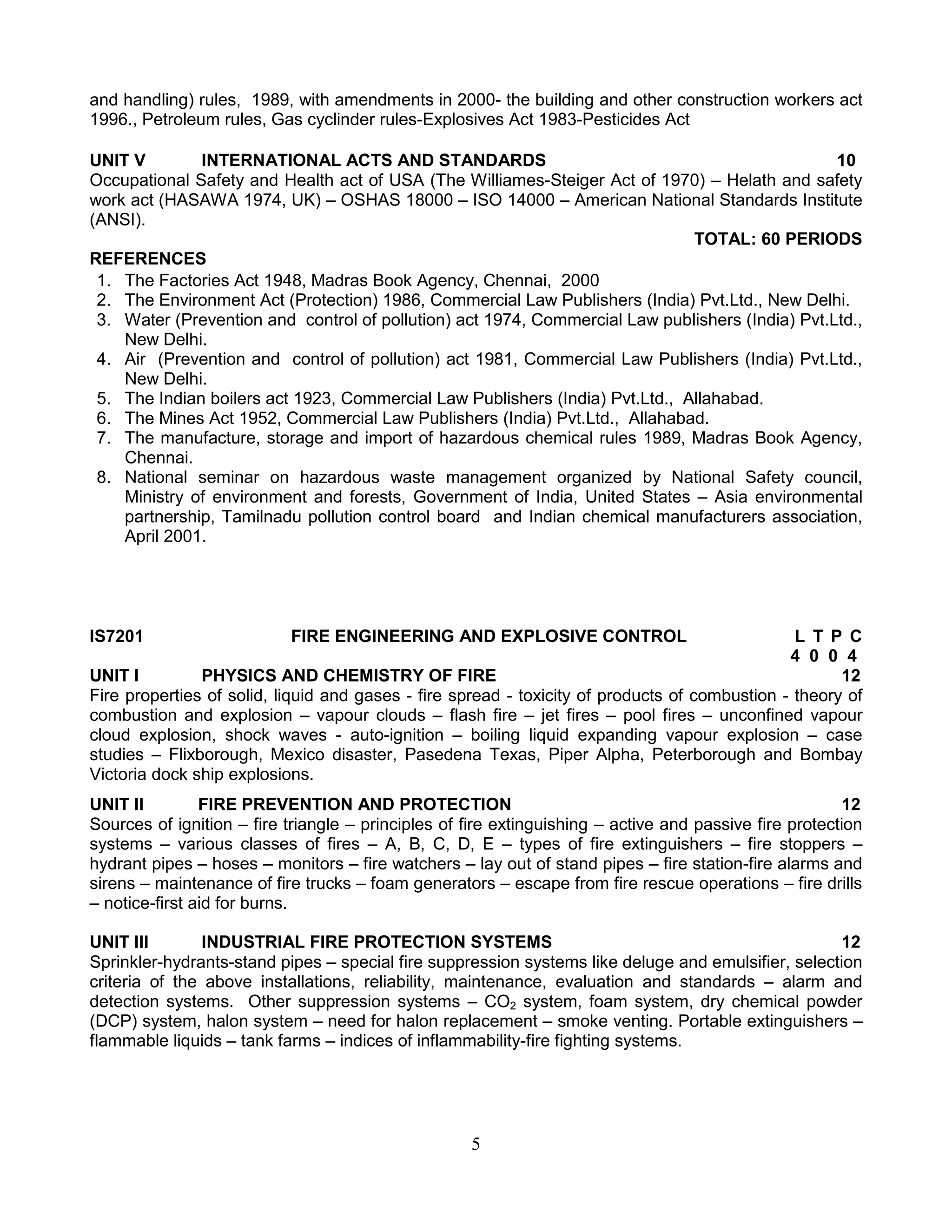 and handling) rules, 1989, with amendments in 2000- the building and other construction workers act
1996., Petroleum rules, Gas cyclinder rules-Explosives Act 1983-Pesticides Act
UNIT V
INTERNATIONAL ACTS AND STANDARDS
10
Occupational Safety and Health act of USA (The Williames-Steiger Act of 1970) – Helath and safety
work act (HASAWA 1974, UK) – OSHAS 18000 – ISO 14000 – American National Standards Institute
(ANSI).
TOTAL: 60 PERIODS
REFERENCES
1. The Factories Act 1948, Madras Book Agency, Chennai, 2000
2. The Environment Act (Protection) 1986, Commercial Law Publishers (India) Pvt.Ltd., New Delhi.
3. Water (Prevention and control of pollution) act 1974, Commercial Law publishers (India) Pvt.Ltd.,
New Delhi.
4. Air (Prevention and control of pollution) act 1981, Commercial Law Publishers (India) Pvt.Ltd.,
New Delhi.
5. The Indian boilers act 1923, Commercial Law Publishers (India) Pvt.Ltd., Allahabad.
6. The Mines Act 1952, Commercial Law Publishers (India) Pvt.Ltd., Allahabad.
7. The manufacture, storage and import of hazardous chemical rules 1989, Madras Book Agency,
Chennai.
8. National seminar on hazardous waste management organized by National Safety council,
Ministry of environment and forests, Government of India, United States – Asia environmental
partnership, Tamilnadu pollution control board and Indian chemical manufacturers association,
April 2001.

IS7201

FIRE ENGINEERING AND EXPLOSIVE CONTROL

L T P C
4 0 0 4
UNIT I
PHYSICS AND CHEMISTRY OF FIRE
12
Fire properties of solid, liquid and gases - fire spread - toxicity of products of combustion - theory of
combustion and explosion – vapour clouds – flash fire – jet fires – pool fires – unconfined vapour
cloud explosion, shock waves - auto-ignition – boiling liquid expanding vapour explosion – case
studies – Flixborough, Mexico disaster, Pasedena Texas, Piper Alpha, Peterborough and Bombay
Victoria dock ship explosions.
UNIT II
FIRE PREVENTION AND PROTECTION
12
Sources of ignition – fire triangle – principles of fire extinguishing – active and passive fire protection
systems – various classes of fires – A, B, C, D, E – types of fire extinguishers – fire stoppers –
hydrant pipes – hoses – monitors – fire watchers – lay out of stand pipes – fire station-fire alarms and
sirens – maintenance of fire trucks – foam generators – escape from fire rescue operations – fire drills
– notice-first aid for burns.
UNIT III
INDUSTRIAL FIRE PROTECTION SYSTEMS
12
Sprinkler-hydrants-stand pipes – special fire suppression systems like deluge and emulsifier, selection
criteria of the above installations, reliability, maintenance, evaluation and standards – alarm and
detection systems. Other suppression systems – CO2 system, foam system, dry chemical powder
(DCP) system, halon system – need for halon replacement – smoke venting. Portable extinguishers –
flammable liquids – tank farms – indices of inflammability-fire fighting systems.

5

 