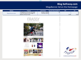 Blog befrassy.com
MegaBanner Ad on the Homepage
Medias Product Impressions Results Clicks 01/07/14 CPC CPI
Blog befrassy.cpom
1 MegaBanner Ad on the Homepage
+ post with photos of the blogger at
Galeries and Accor hotel
850,000 - 950,000
(monthly visitors)
96
10.42 0.001
 