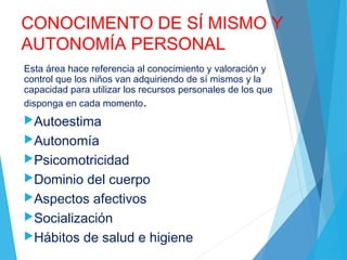 CONOCIMENTO DE SÍ MISMO Y
AUTONOMÍA PERSONAL
Esta área hace referencia al conocimiento y valoración y
control que los niños van adquiriendo de sí mismos y la
capacidad para utilizar los recursos personales de los que
disponga en cada momento.
Autoestima
Autonomía
Psicomotricidad
Dominio del cuerpo
Aspectos afectivos
Socialización
Hábitos de salud e higiene
 