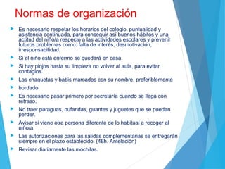 Normas de organización
 Es necesario respetar los horarios del colegio, puntualidad y
asistencia continuada, para conseguir así buenos hábitos y una
actitud del niño/a respecto a las actividades escolares y prevenir
futuros problemas como: falta de interés, desmotivación,
irresponsabilidad.
 Si el niño está enfermo se quedará en casa.
 Si hay piojos hasta su limpieza no volver al aula, para evitar
contagios.
 Las chaquetas y babis marcados con su nombre, preferiblemente
 bordado.
 Es necesario pasar primero por secretaría cuando se llega con
retraso.
 No traer paraguas, bufandas, guantes y juguetes que se puedan
perder.
 Avisar si viene otra persona diferente de lo habitual a recoger al
niño/a.
 Las autorizaciones para las salidas complementarias se entregarán
siempre en el plazo establecido. (48h. Antelación)
 Revisar diariamente las mochilas.
 