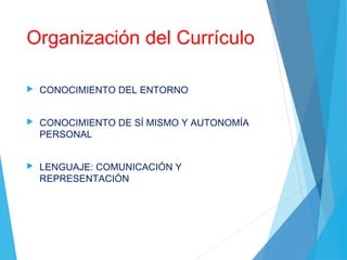 Organización del Currículo
 CONOCIMIENTO DEL ENTORNO
 CONOCIMIENTO DE SÍ MISMO Y AUTONOMÍA
PERSONAL
 LENGUAJE: COMUNICACIÓN Y
REPRESENTACIÓN
 